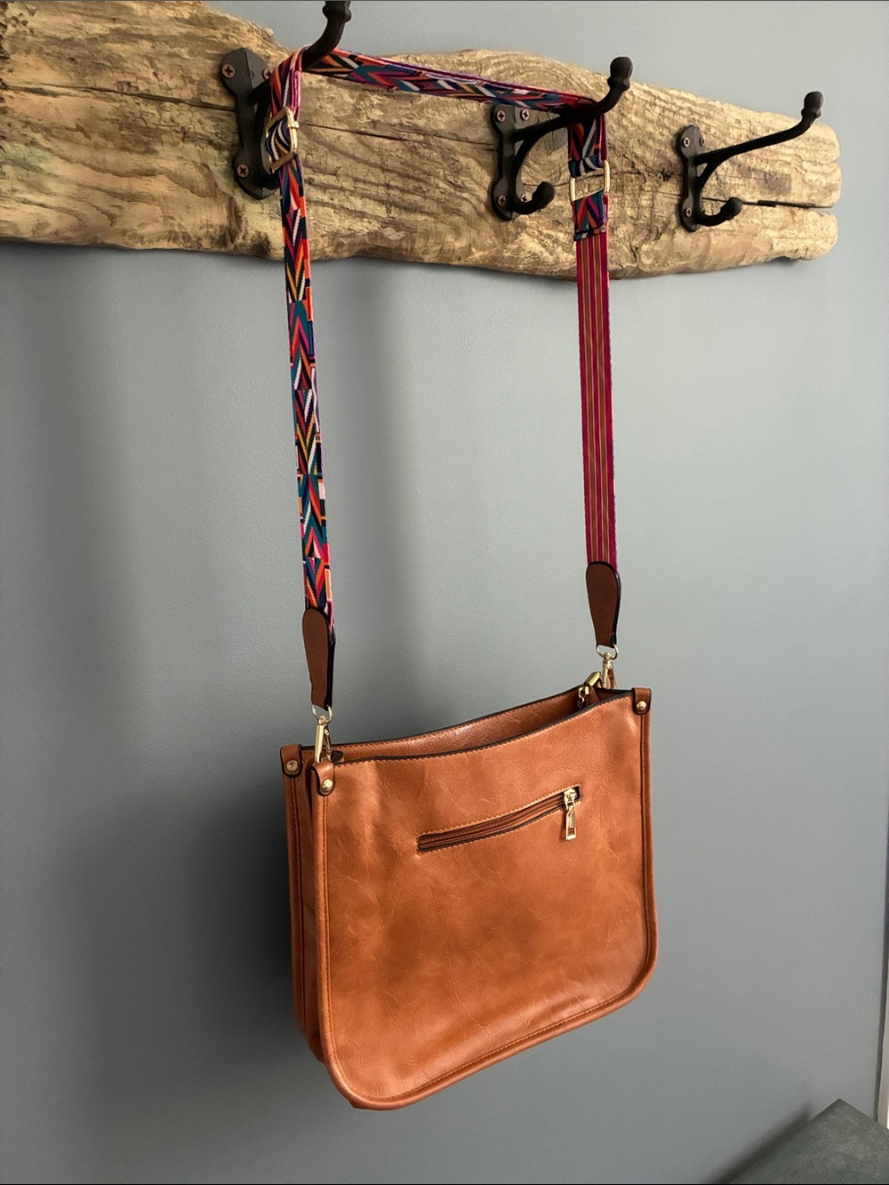 Classic Tan Crossbody Bag with Colorful Adjustable Strap